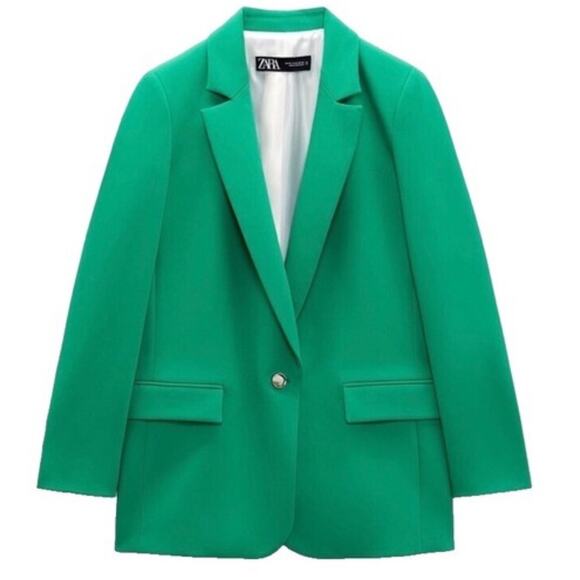 Zara Tailored Oversized Green Blazer One Button Closure Size Medium Relaxed Fit - Picture 1 of 8